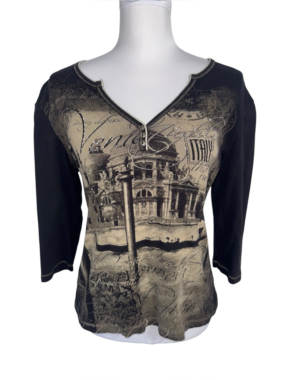 Blue Canyon Venice Italy Graphic Henley Top Large 3/4 Sleeve Y2K